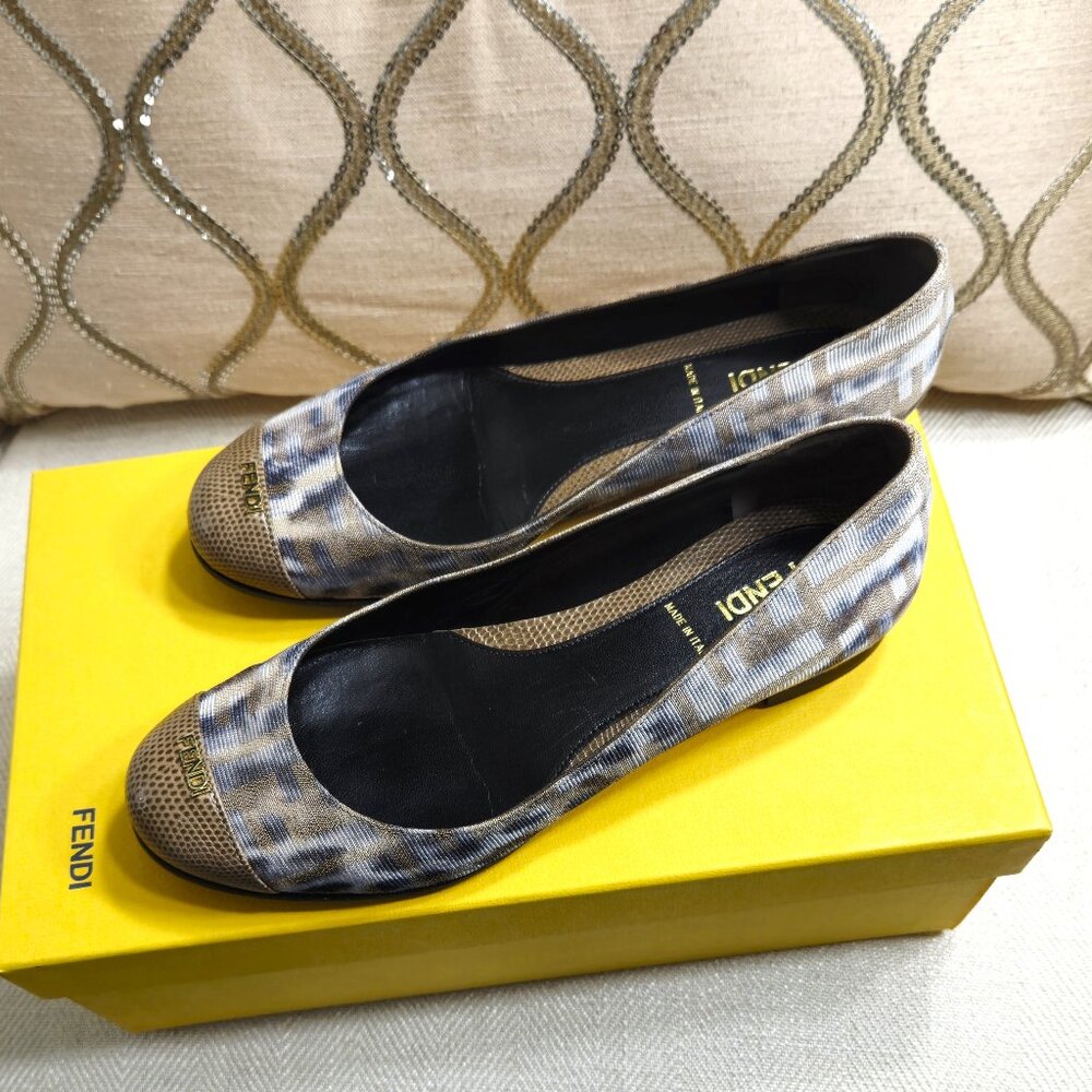 FENDI Ballerina Leopard Print Canvas and Leather Flats